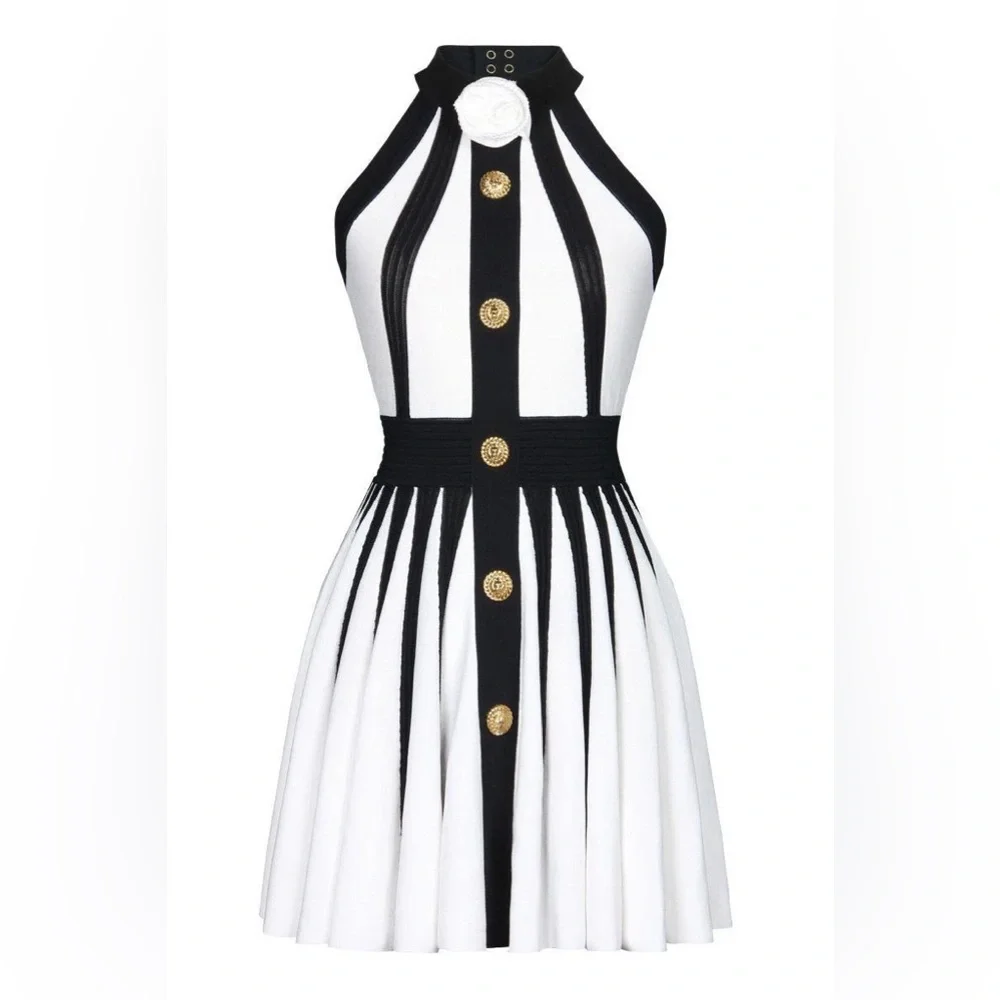 654. Halter Knit Gold Button Detail Flare Mini Dress - Picture 4 of 5